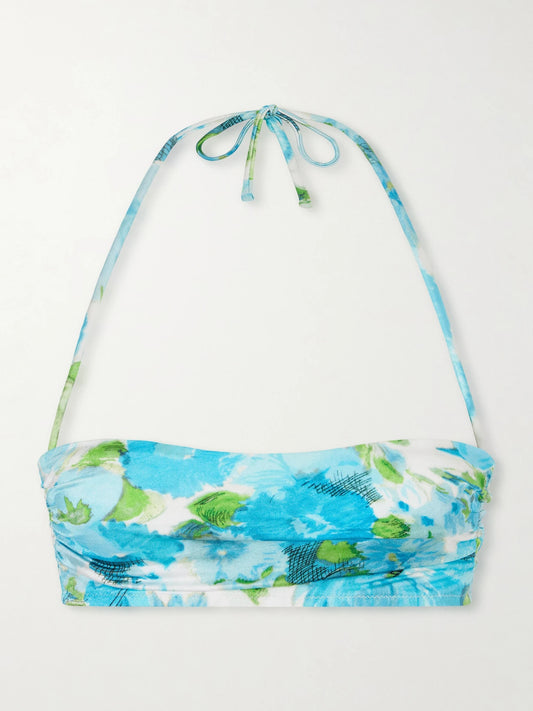 Image of Swimwear. Product name - Floral-print Bandeau Bikini Top in Blue colour by brand - Chloé