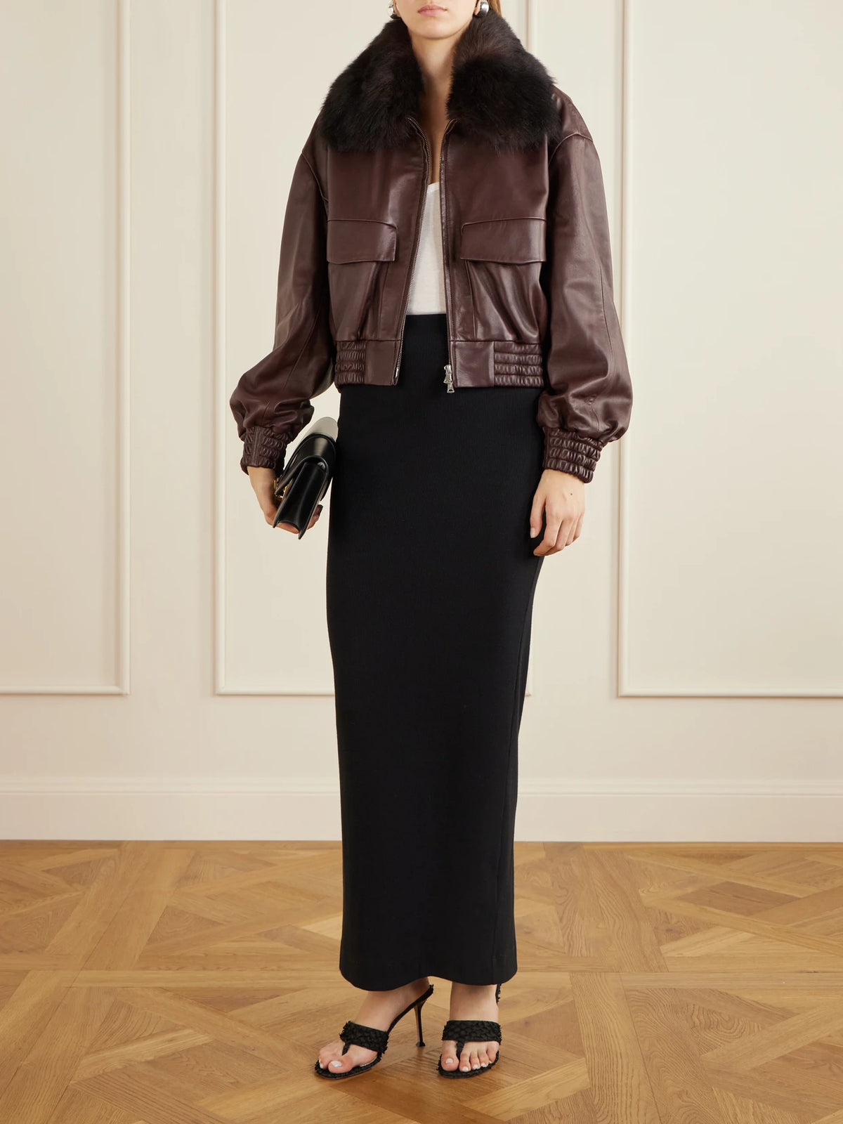 Image of Coats & Jackets. Product name - Ellery Cropped Shearling-trimmed Leather Bomber Jacket in Brown, Black colour by brand - Nour Hammour