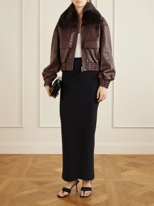Image of Coats & Jackets. Product name - Ellery Cropped Shearling-trimmed Leather Bomber Jacket in Brown, Black colour by brand - Nour Hammour