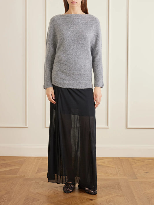 Image of a model wearing Outerwear. Product name - Selva Cashmere-blend Sweater in Light gray colour by brand - Ruohan