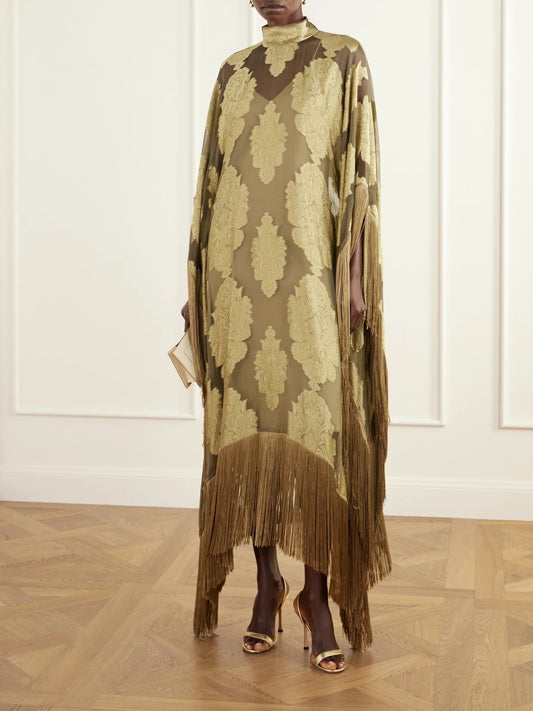 Image of Dresses. Product name - Mrs Ross Epoque Fringe-trimmed Silk Fil Coupé Gown in Army green colour by brand - Taller Marmo