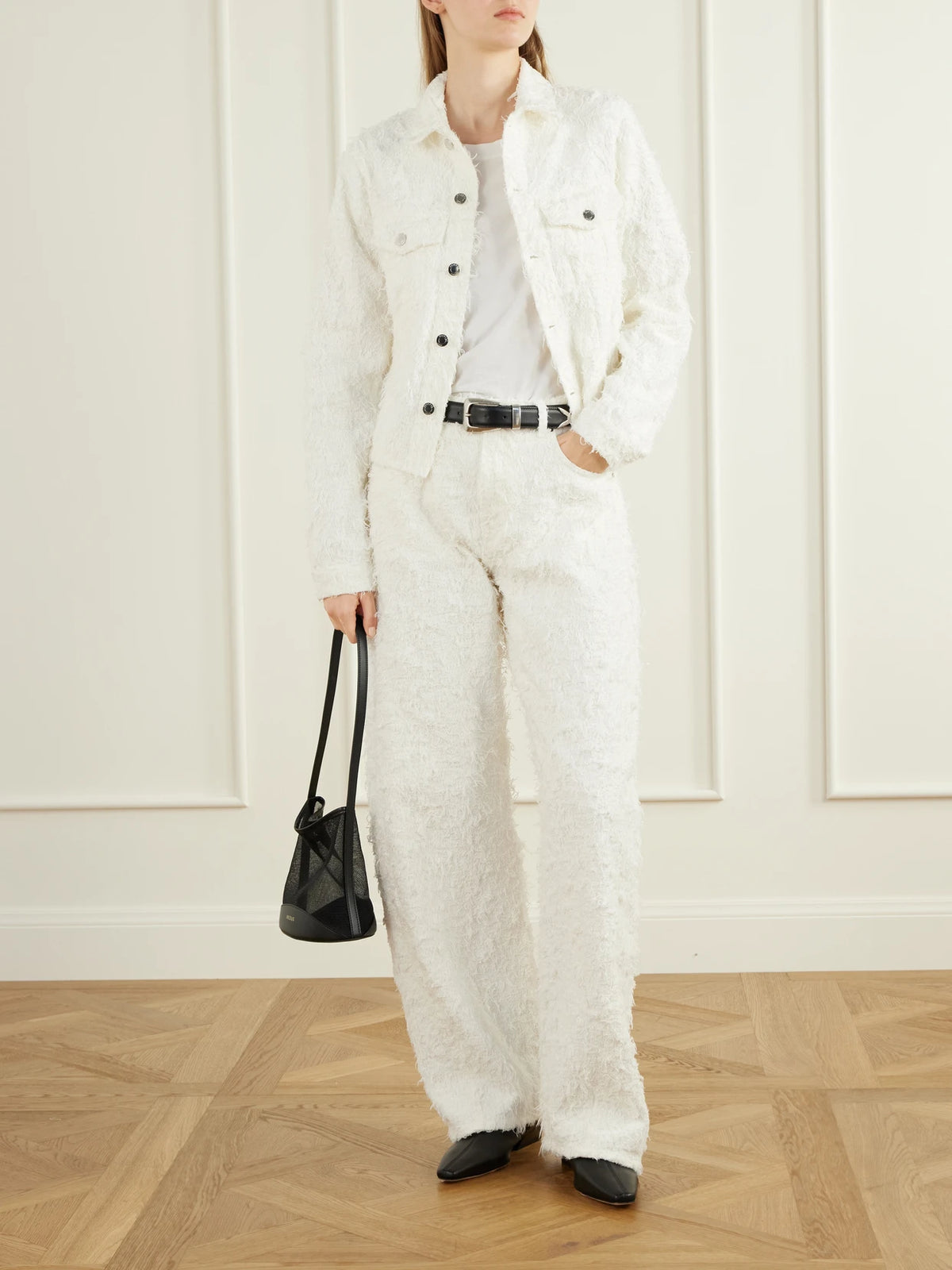 Image of Jeans. Product name - Clyde Double Frayed Mid-rise Barrel-leg Jeans in Cream colour by brand - Haikure