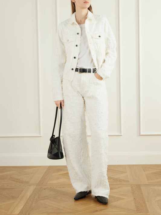 Image of Jeans. Product name - Clyde Double Frayed Mid-rise Barrel-leg Jeans in Cream colour by brand - Haikure