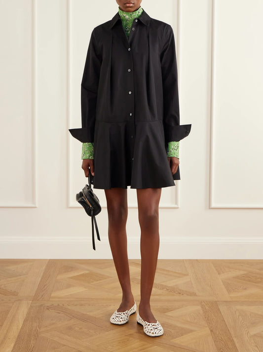 Image of Dresses. Product name - Pleated Cotton-poplin Mini Dress in Black colour by brand - LOEWE