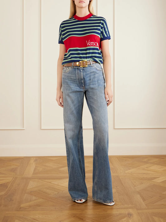 Image of a model wearing Tops. Product name - Logo-embroidered Striped Cotton-jersey T-shirt in Dark green colour by brand - Versace