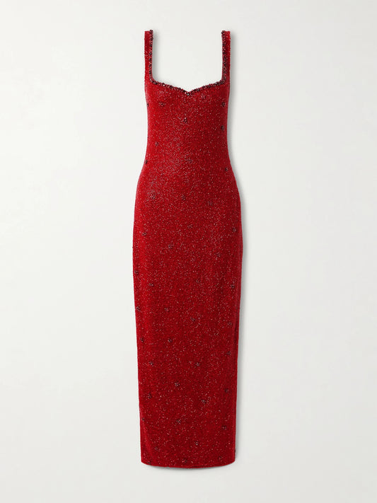 Image of Dresses. Product name - Sophia Embellished Stretch-mesh Gown in Red colour by brand - Clio Peppiatt