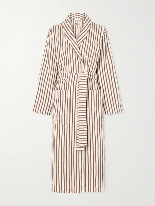 Image of Lingerie. Product name - Belted Striped Organic Cotton-terry Robe in Bronze colour by brand - TEKLA