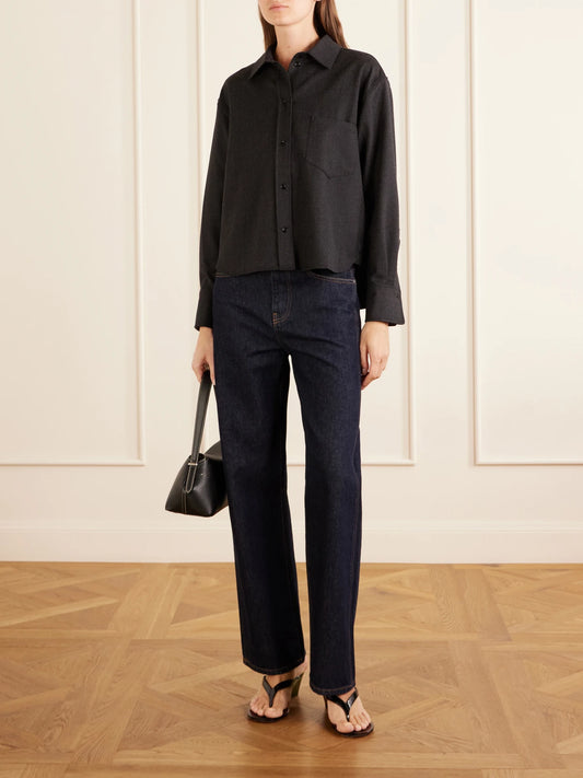 Image of a model wearing Tops. Product name - Ellys Wool Shirt in Dark gray colour by brand - Victoria Beckham
