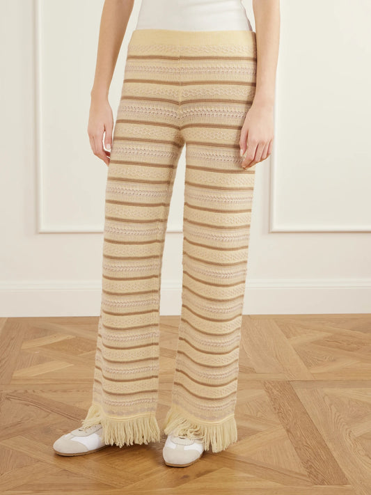 Guest In Residence Fringe-detail Striped Wool And Cashmere-blend Knitted Wide-leg Pants
