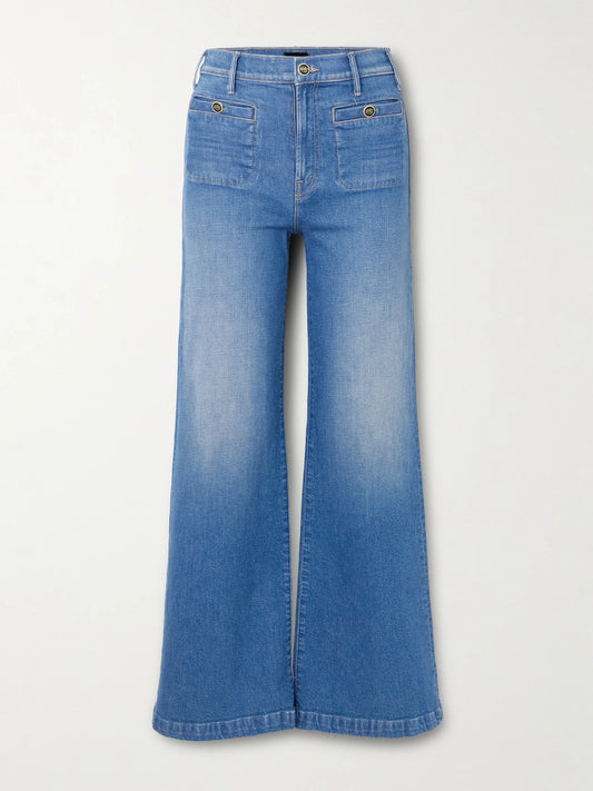 Image of Jeans. Product name - Stashed Hustler Roller Sneak High-rise Bootcut Jeans in Mid denim colour by brand - Mother