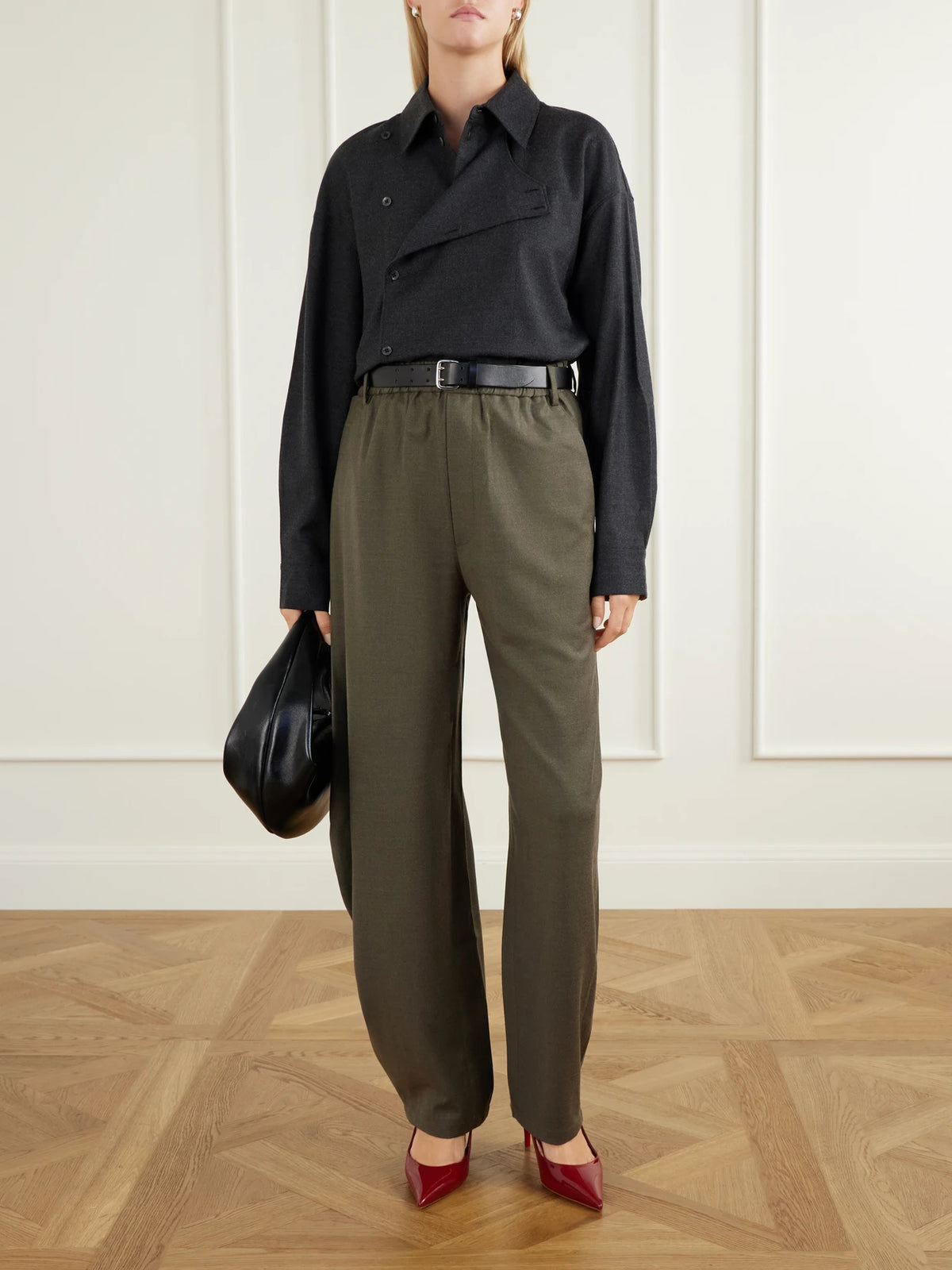 Image of a model wearing Tops. Product name - Overlap-detail Wool-blend Flannel Shirt in Charcoal colour by brand - Tibi