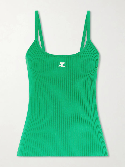Image of a model wearing Tops. Product name - Reedition Logo-appliquéd Ribbed-knit Tank in Green colour by brand - COURREGES