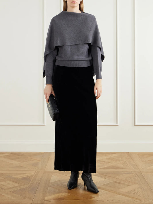 Image of a model wearing Outerwear. Product name - Layered Wool Sweater in Dark gray colour by brand - RÓHE