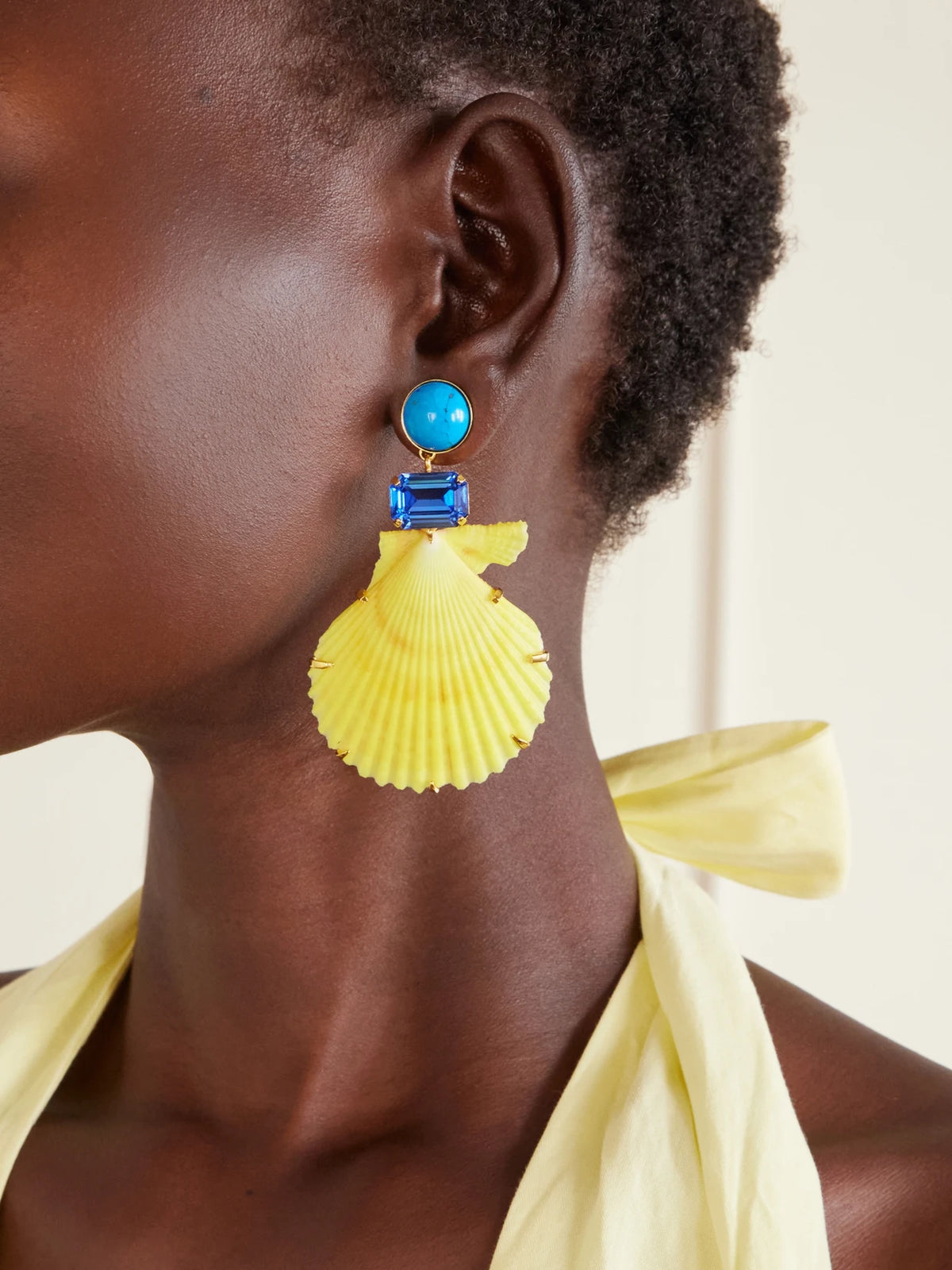 Image of Earrings. Product name - Safira Gold-tone Turquoise And Crystal-embellished Seashell Earrings in Bright yellow colour by brand - Jennifer Behr