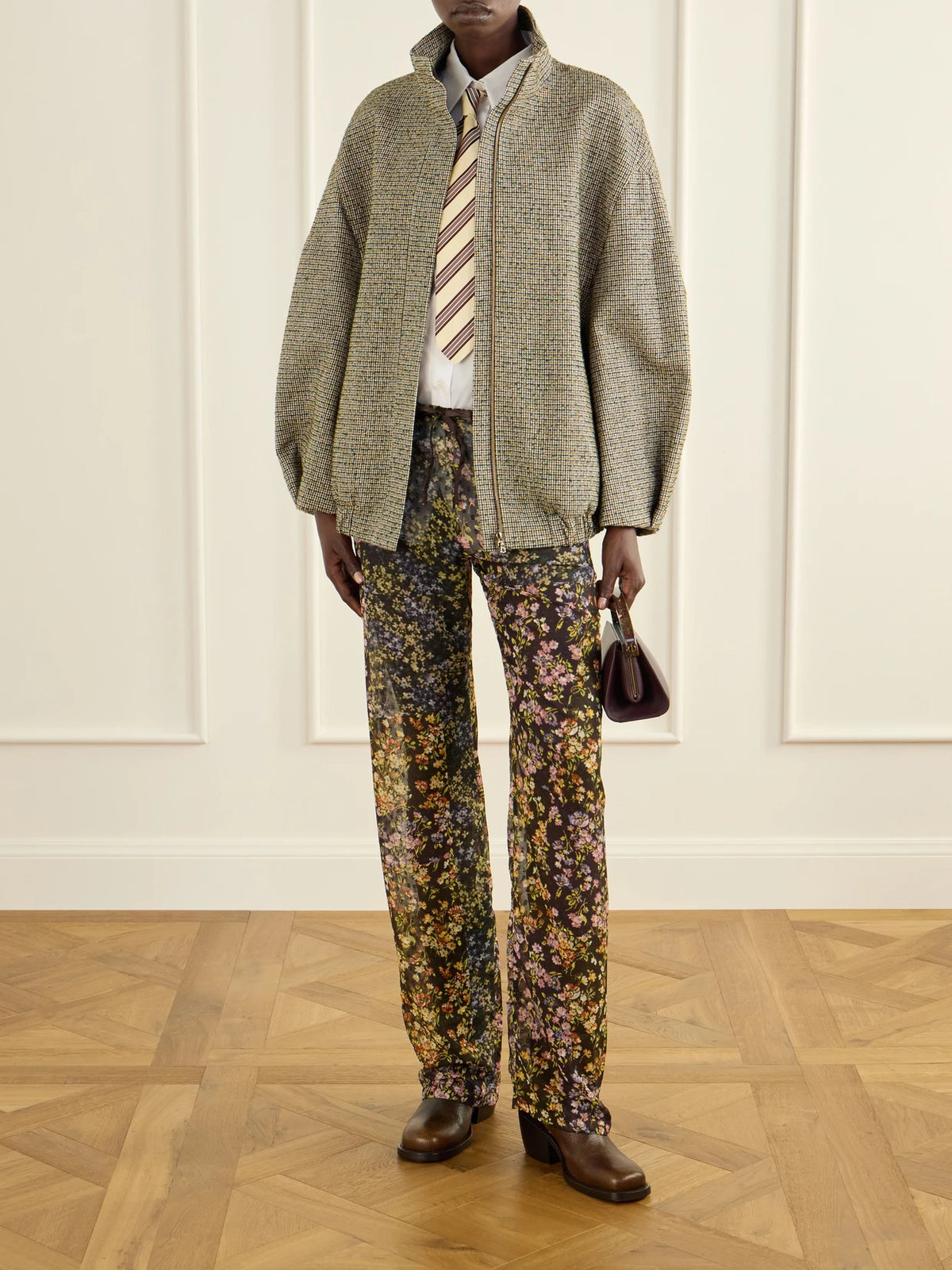 Image of Coats & Jackets. Product name - Checked Bouclé Jacket in Beige colour by brand - Dries Van Noten