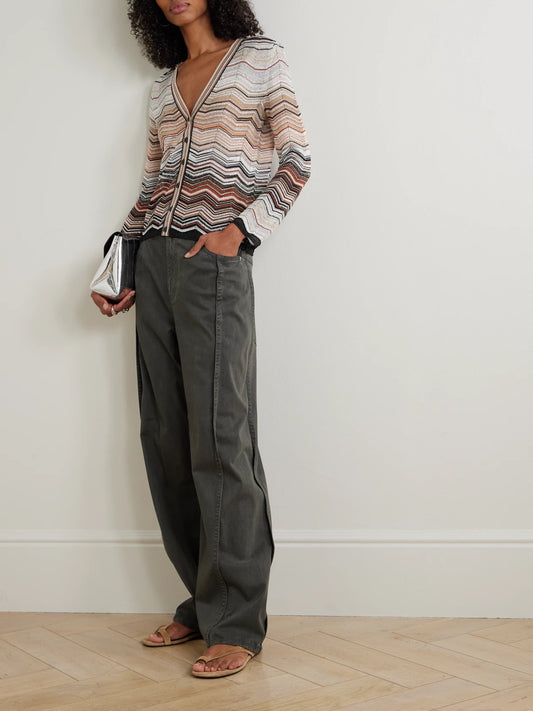 Image of a model wearing Outerwear. Product name - Sequin-embellished Striped Metallic Crochet-knit Cardigan in Multi colour by brand - Missoni