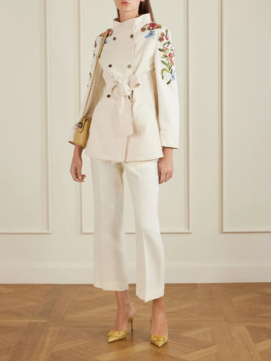 Belted Embellished Embroidered Denim Jacket