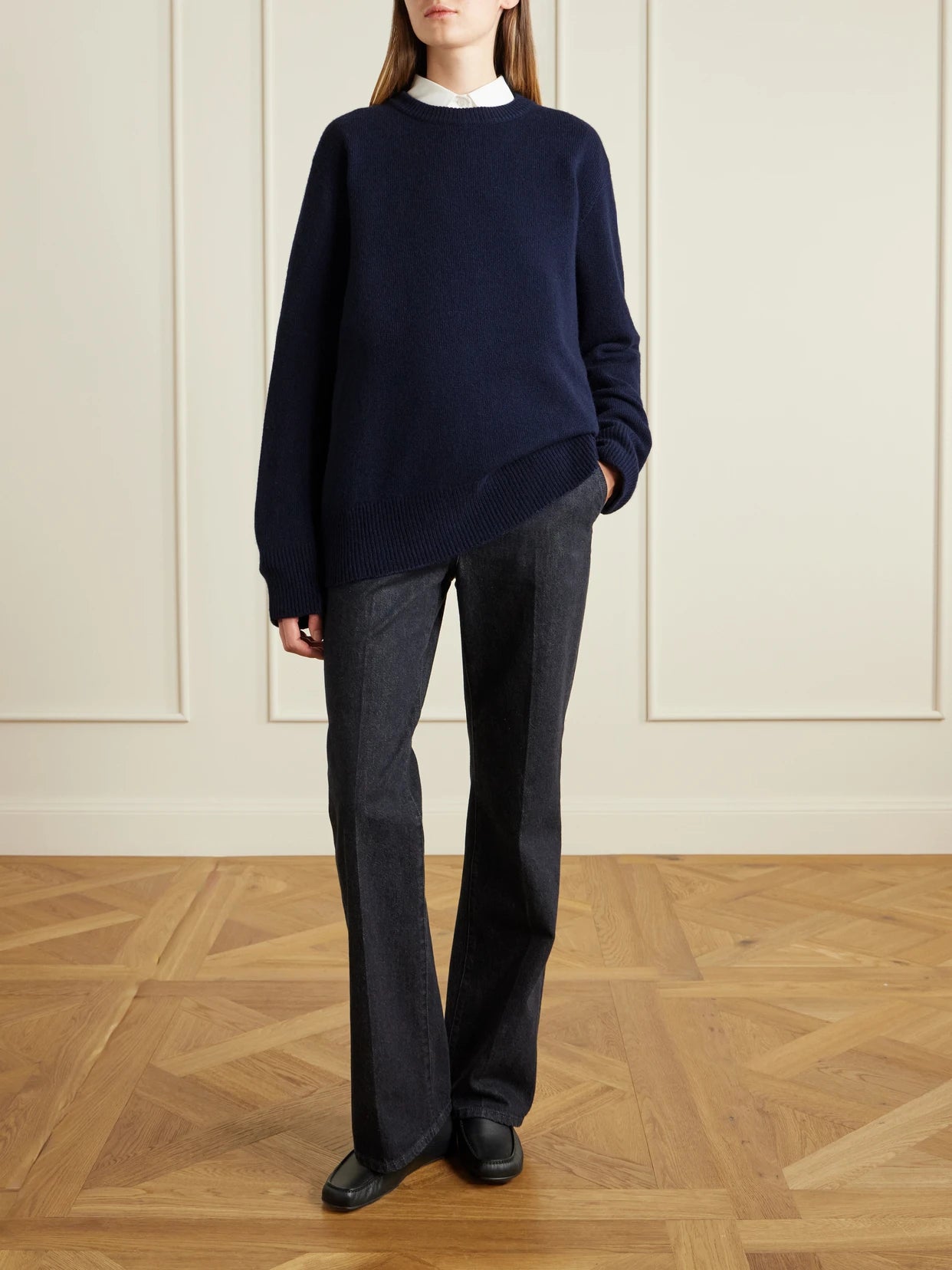Image of a model wearing Outerwear. Product name - Sibem Wool And Cashmere-blend Sweater in Navy colour by brand - The Row