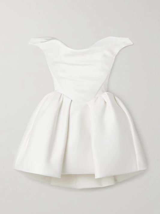 Image of Dresses. Product name - Bagatelle Off-the-shoulder Gathered Duchesse Silk-satin Mini Dress in Off-white colour by brand - Vivienne Westwood