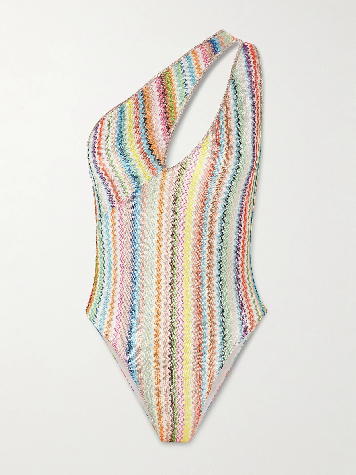 Image of Swimwear. Product name - Mare One-shoulder Cutout Striped Metallic Crochet-knit Swimsuit in Multi colour by brand - Missoni