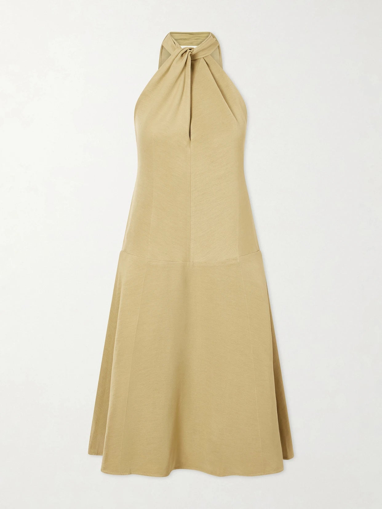 Image of Dresses. Product name - Scarf-detailed Woven Halterneck Midi Dress in Beige colour by brand - TOTEME