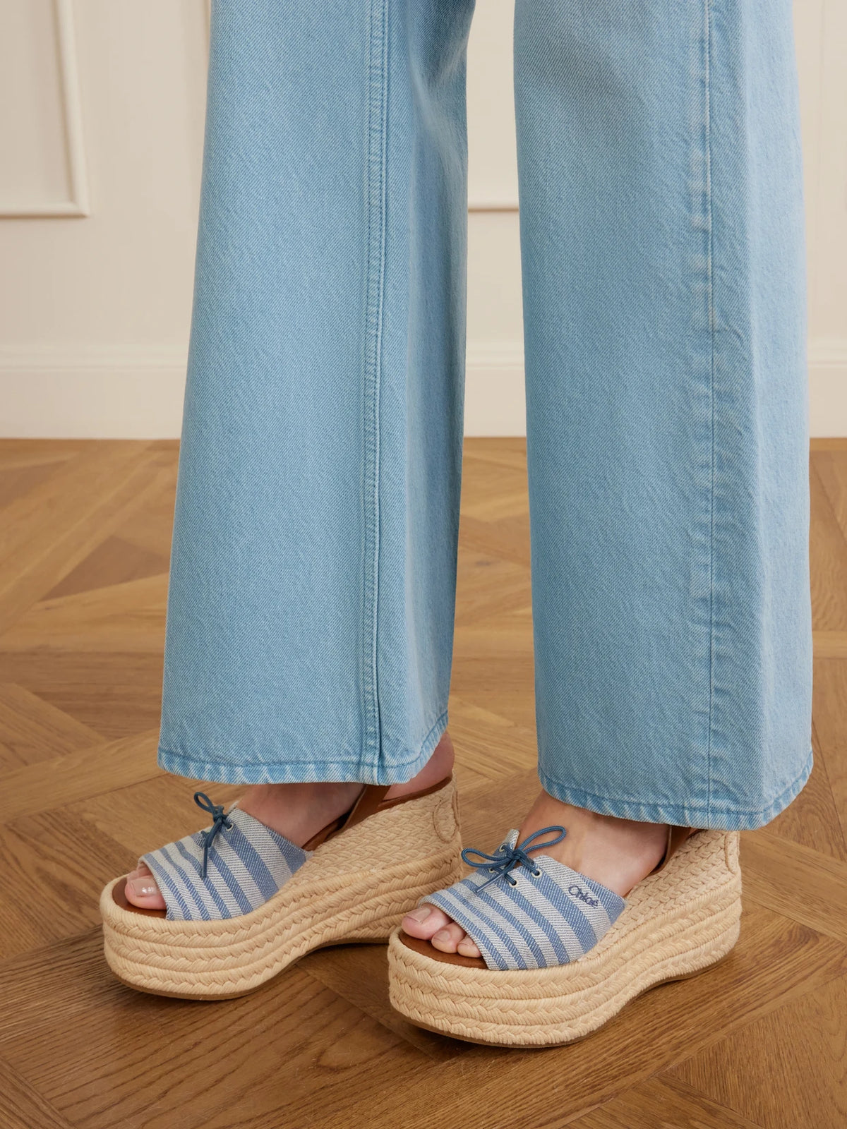 Leather-trimmed Striped Canvas Platform Sandals