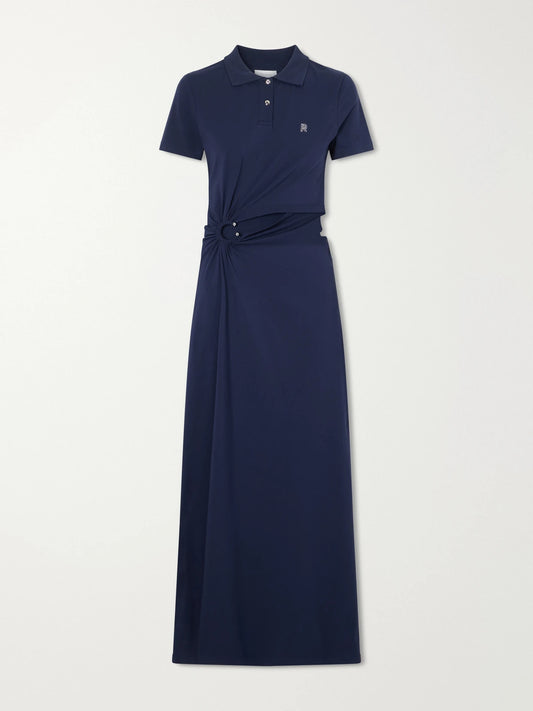 Image of Dresses. Product name - Embellished Jersey Midi Dress in Navy colour by brand - RABANNE