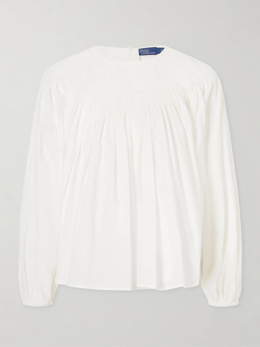 Image of a model wearing Tops. Product name - Ruched Cotton-poplin Blouse in White colour by brand - Polo Ralph Lauren