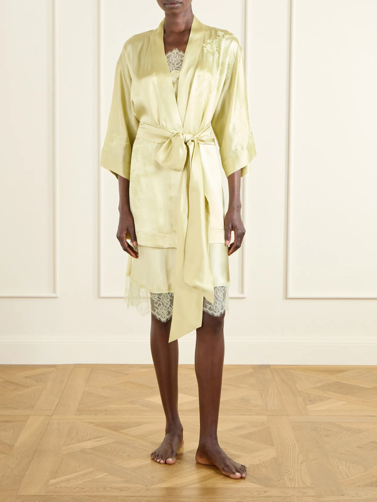 Image of Lingerie. Product name - Belted Embroidered Silk-satin Kimono in Lime green colour by brand - Carine Gilson