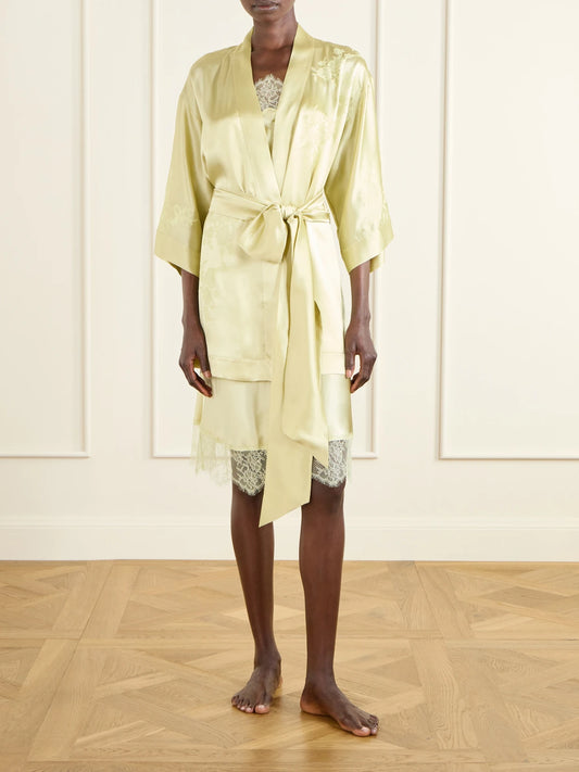 Image of Lingerie. Product name - Belted Embroidered Silk-satin Kimono in Lime green colour by brand - Carine Gilson