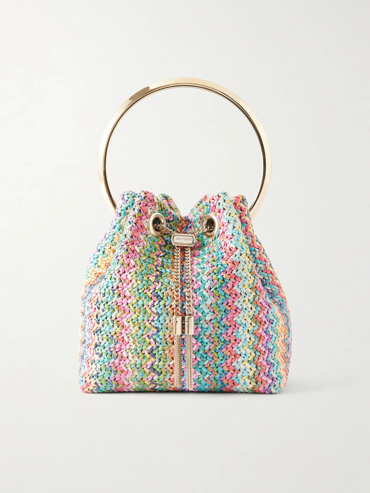 Bon Bon Striped Woven Raffia Bucket Bag