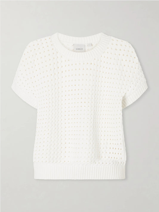 Image of a model wearing Outerwear. Product name - Denny Open-knit Cotton-blend T-shirt in White colour by brand - Varley