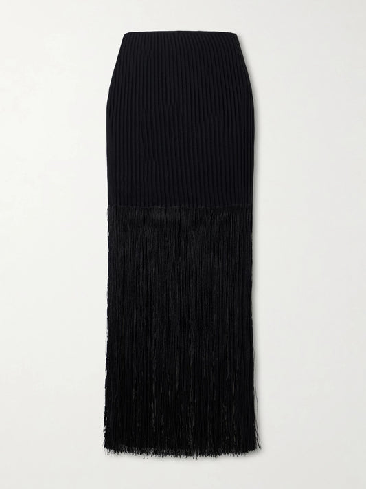 Ribbed Fringed Jersey Midi Skirt
