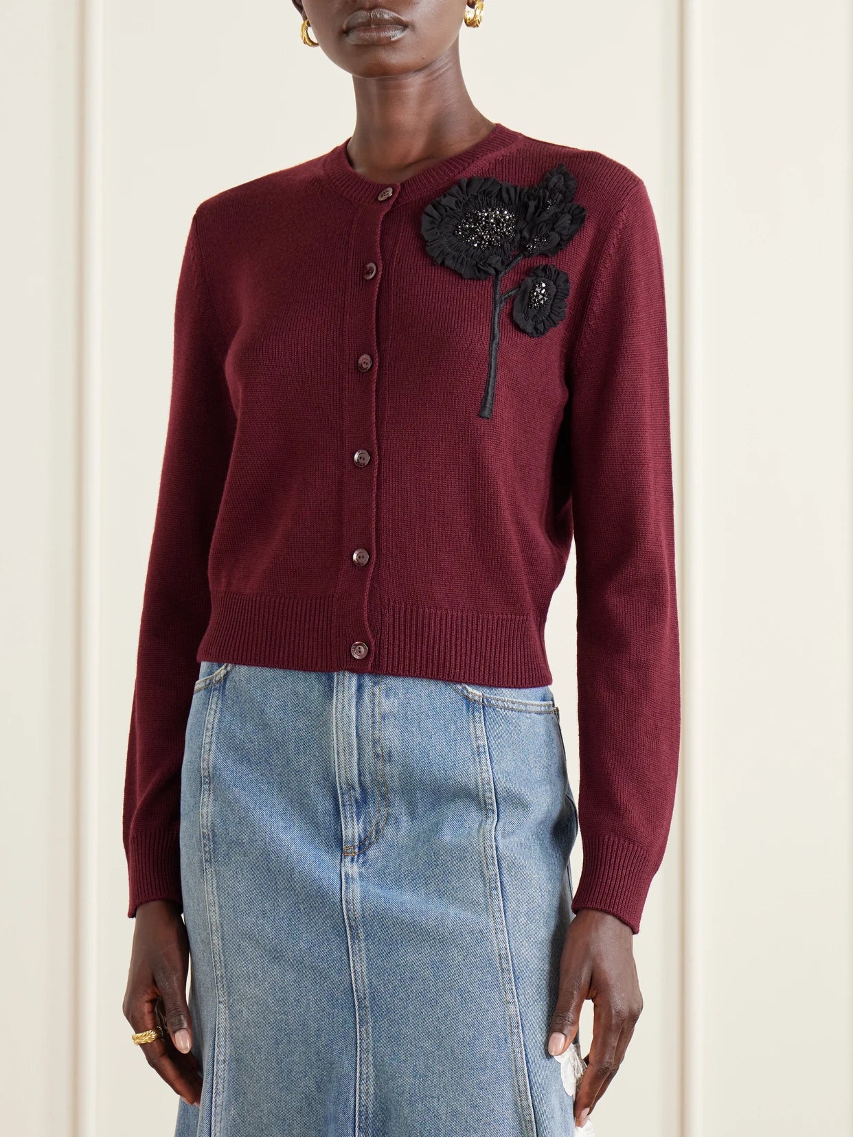 Embellished Ribbed Merino Wool Cardigan
