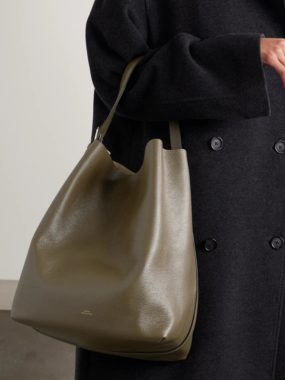 Image of Bags. Product name - Textured-leather Tote in Taupe colour by brand - TOTEME
