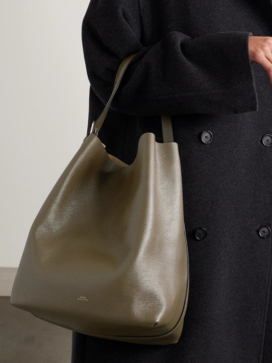 Image of Bags. Product name - Textured-leather Tote in Taupe colour by brand - TOTEME