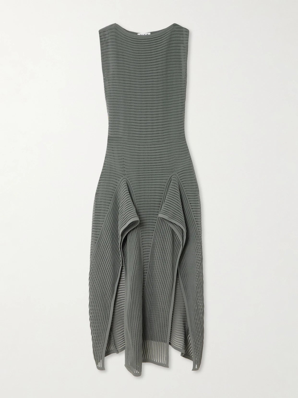 Image of Dresses. Product name - Ruffled Ribbed Open-knit Cotton-blend Midi Dress in Gray colour by brand - Alaïa