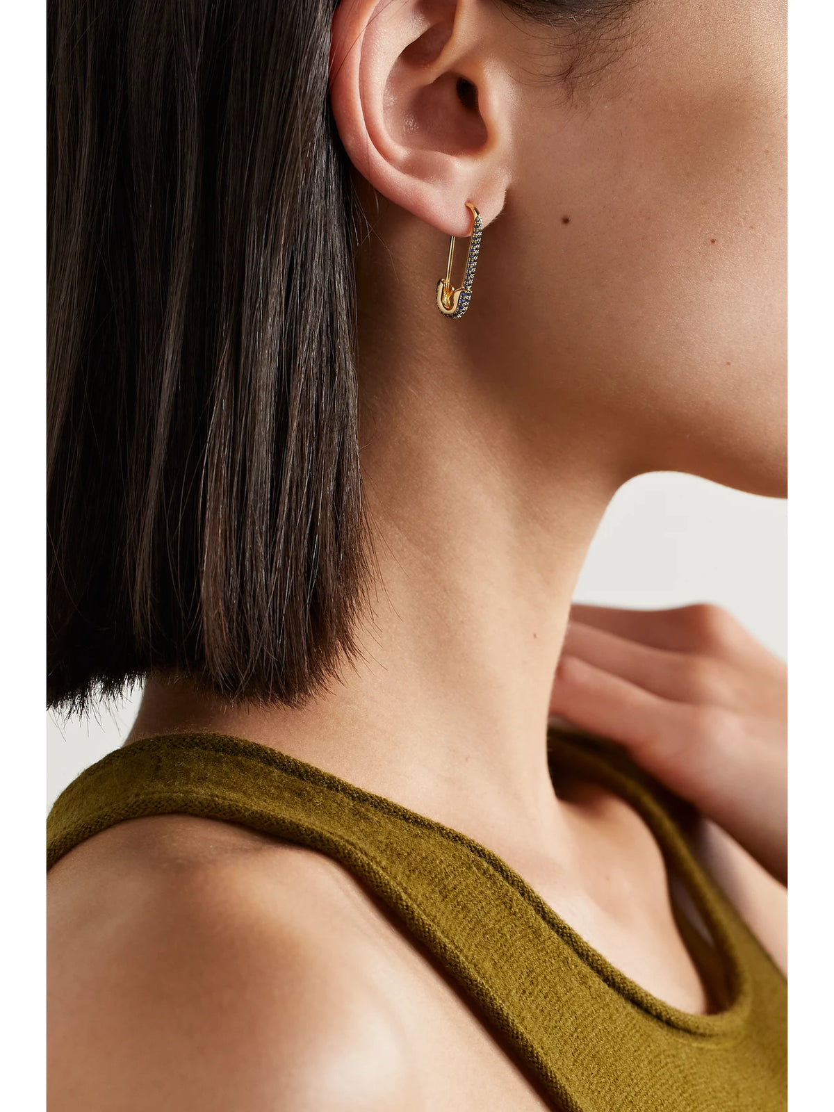 Image of Earrings. Product name - Safety Pin 18-karat Gold Sapphire Earring in Blue colour by brand - Anita Ko