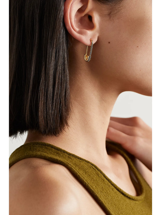 Image of Earrings. Product name - Safety Pin 18-karat Gold Sapphire Earring in Blue colour by brand - Anita Ko