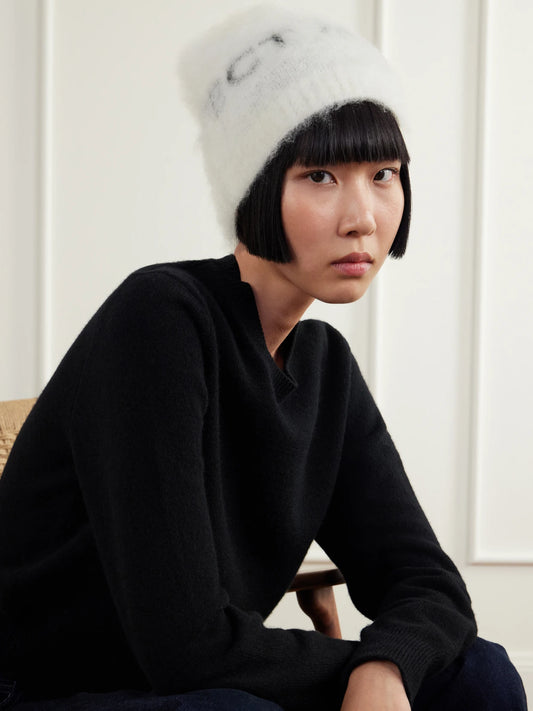 Image of Accessories. Product name - 3d Logo-intarsia Brushed Mohair-blend Beanie in White colour by brand - Perfect Moment