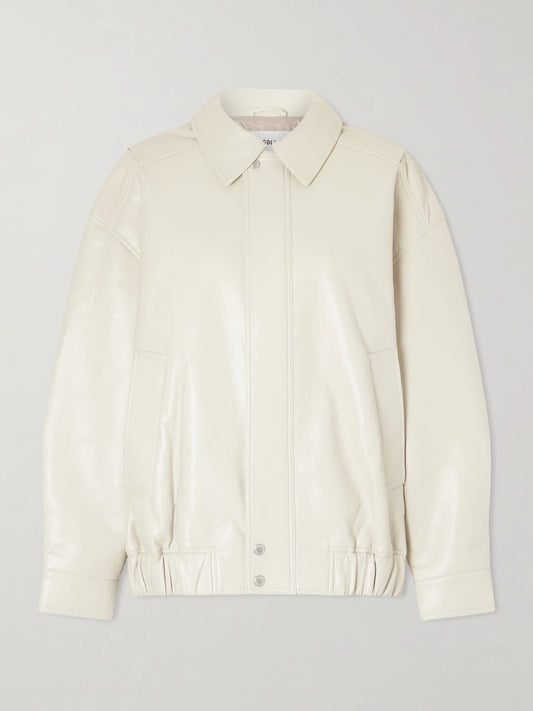 Image of Coats & Jackets. Product name - Aston Recycled Leather-blend Bomber Jacket in Off-white colour by brand - AGOLDE