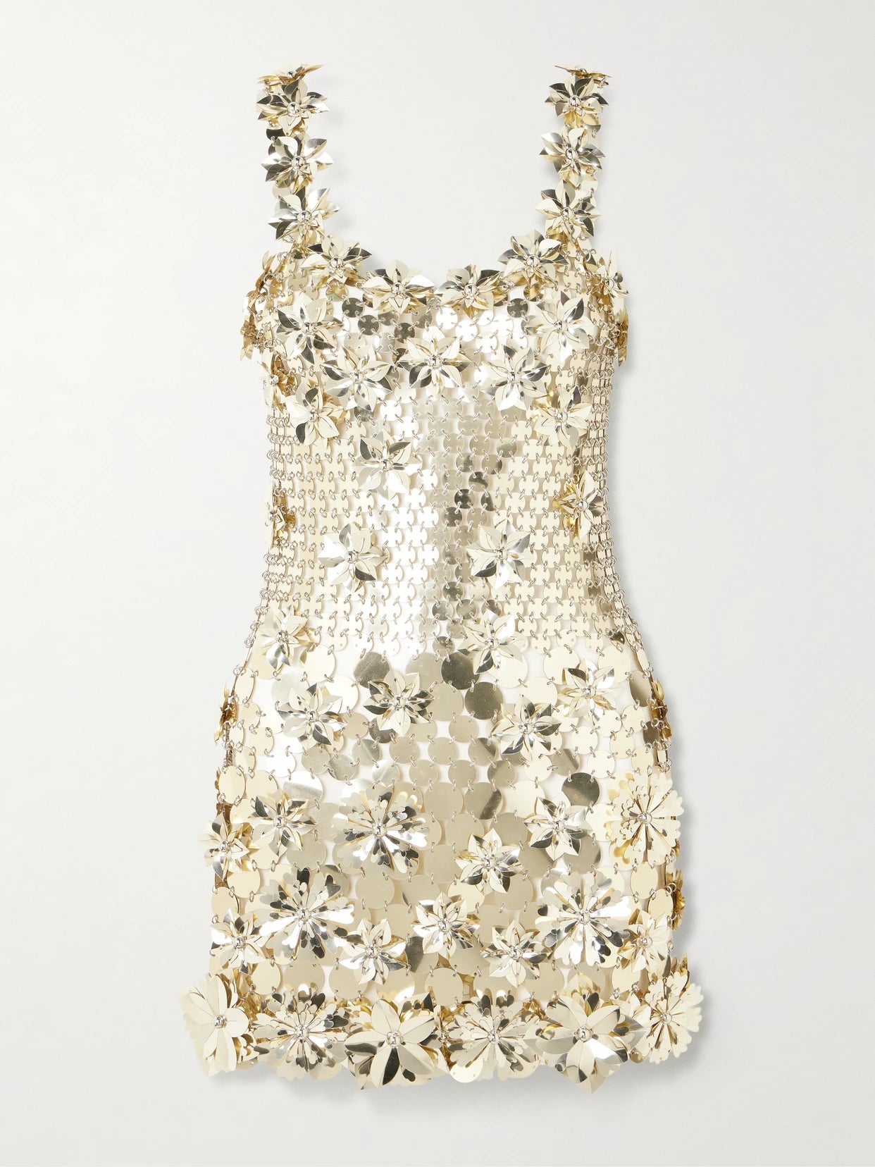 Image of Dresses. Product name - Embellished Chainmail Mini Dress in Gold colour by brand - RABANNE