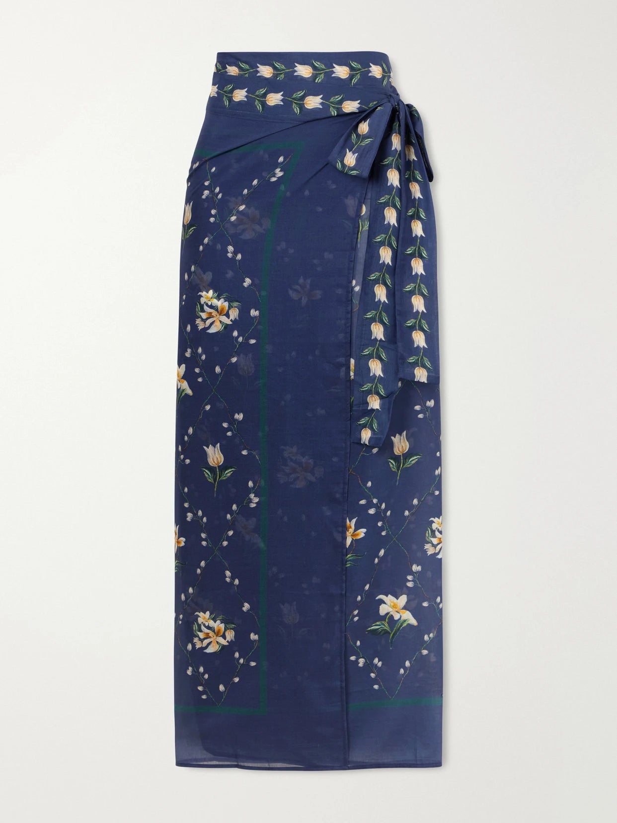 Image of Swimwear. Product name - Floral Print Wrap Cotton And Silk-blend Coverup in Navy colour by brand - Agua by Agua Bendita