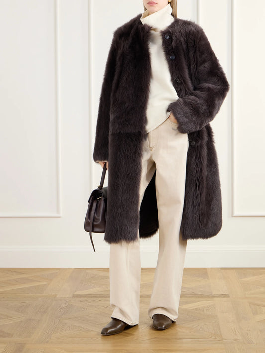 Image of Coats & Jackets. Product name - Gemma Collarless Paneled Shearling Coat in Dark brown, Cream colour by brand - Almada
