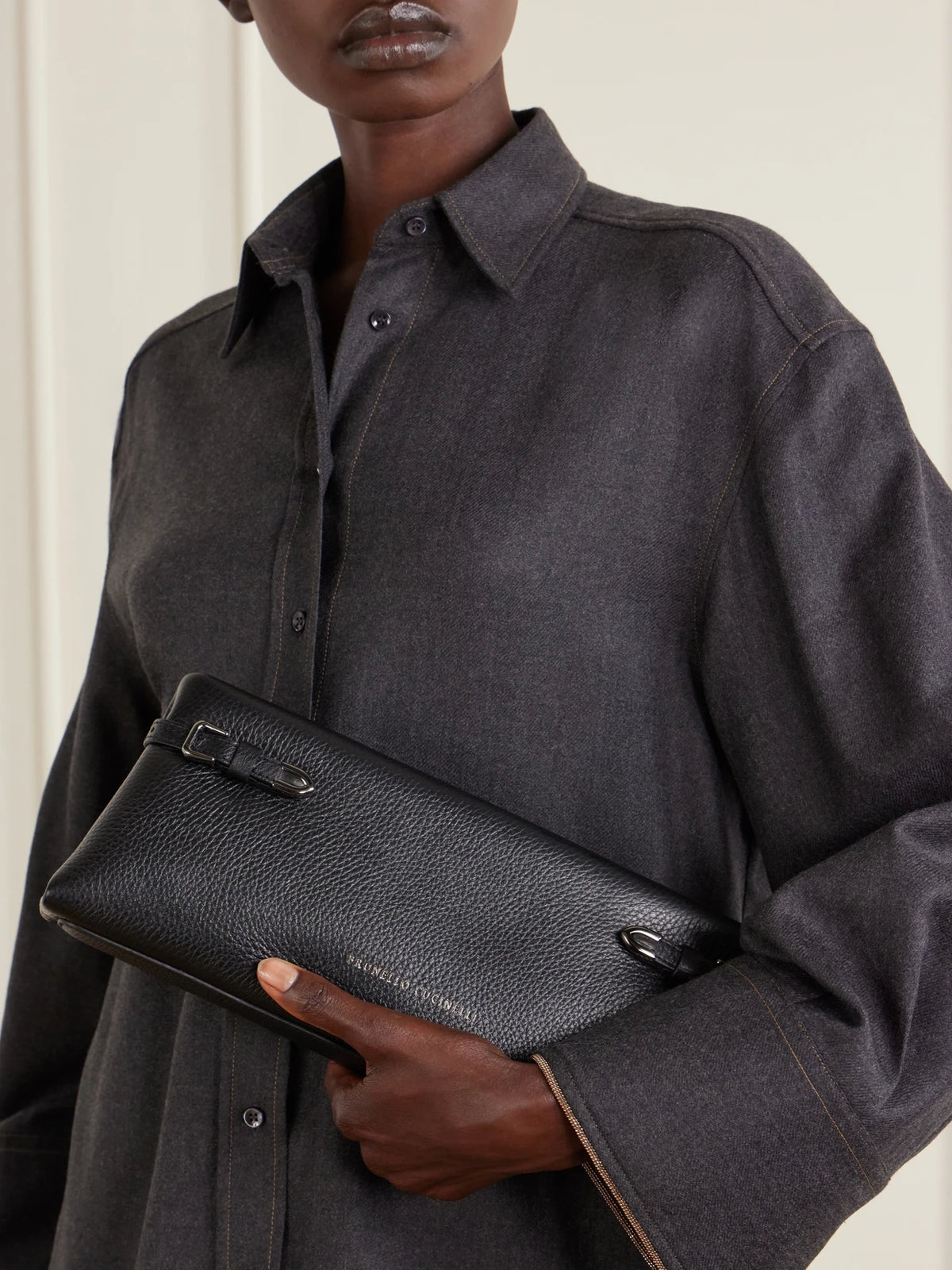 Image of Bags. Product name - Textured-leather Clutch in Black colour by brand - Brunello Cucinelli