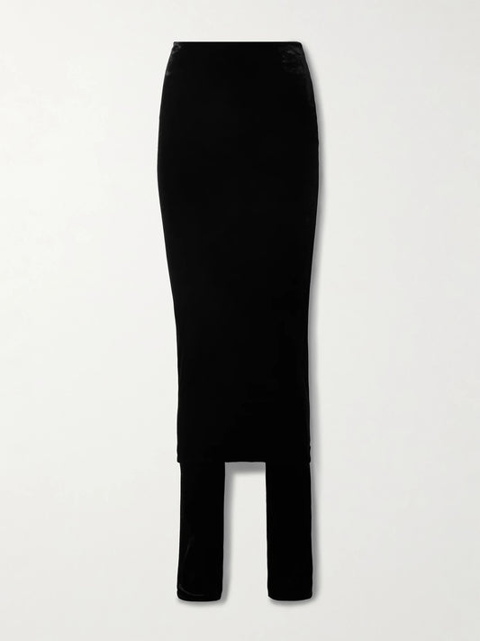 Image of a model wearing Pants. Product name - Layered Stretch-velvet Straight-leg Pants in Black colour by brand - Alaïa