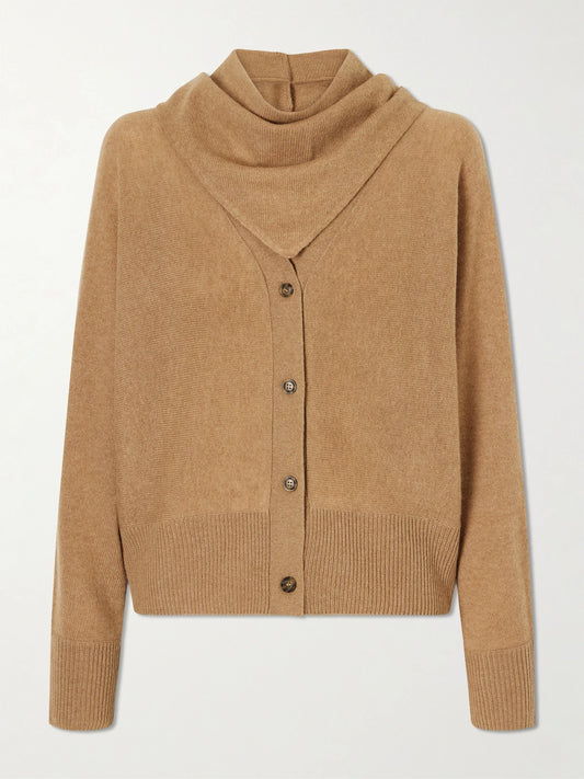 Image of a model wearing Outerwear. Product name - Lyss Organic Cashmere Cardigan in Camel colour by brand - Le Kasha