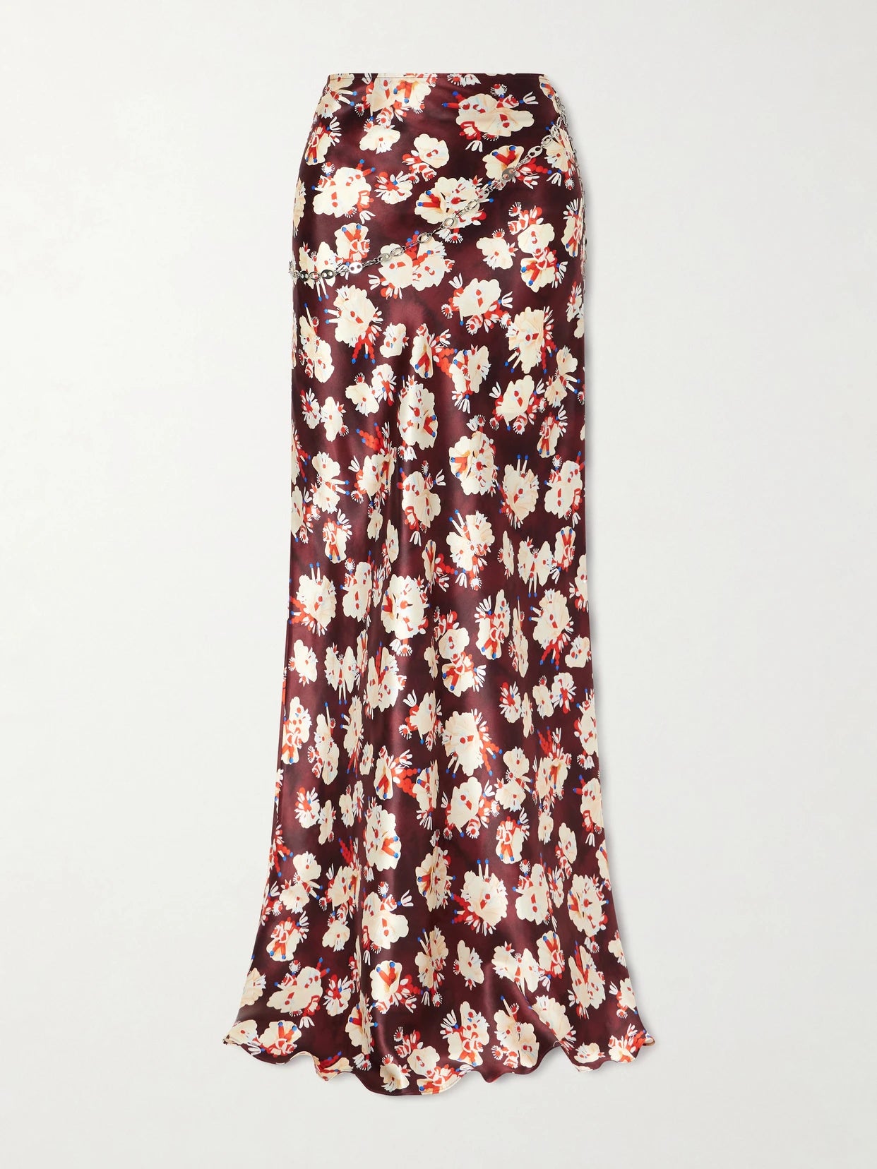 Image of a model wearing Skirts. Product name - Chainmail-embellished Floral-print Silk Maxi Skirt in Purple colour by brand - RABANNE