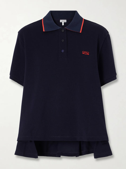 Image of a model wearing Outerwear. Product name - Anagram-embroidered Cotton-piqué Polo Shirt in Navy colour by brand - LOEWE