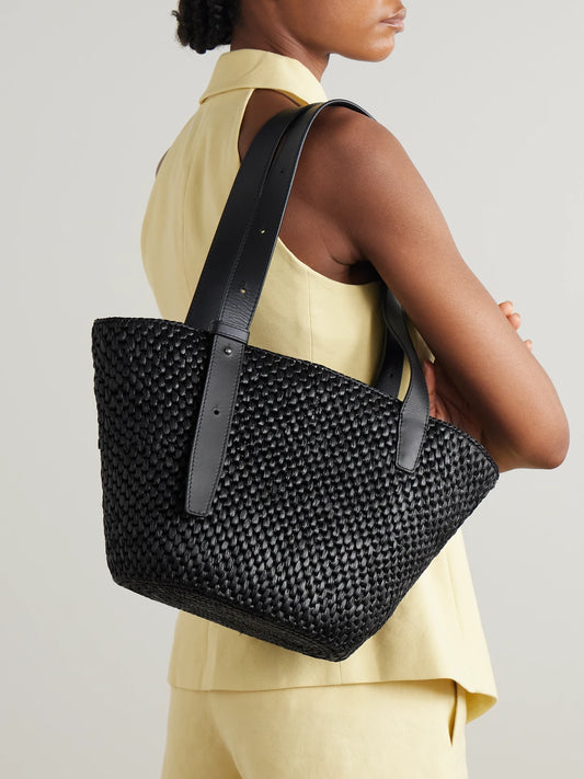 Image of Bags. Product name - The Bianca Small Leather-trimmed Raffia Tote in Black colour by brand - LIÉ STUDIO